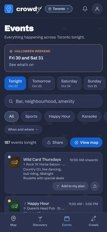 Tonight's events across Toronto on Crowdy, with a Halloween weekend banner