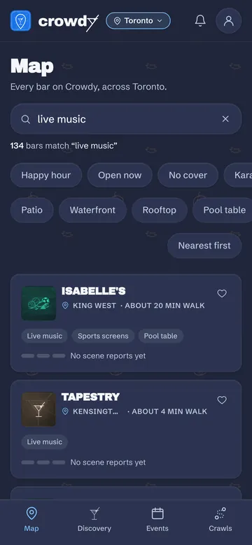 Crowdy search results for live music in Toronto: Lee's Palace, Shakey's, Supermarket