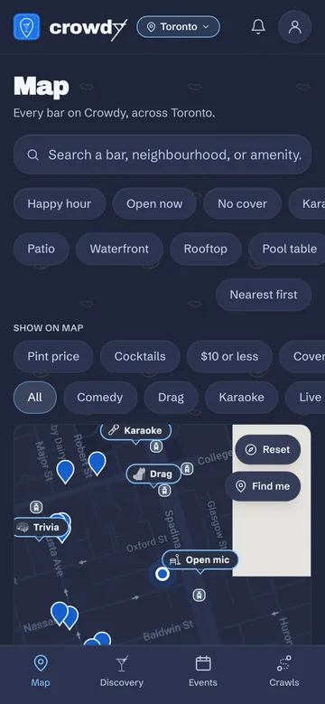 The Crowdy map of Toronto with tonight's events pinned: karaoke, drag, trivia, open mic