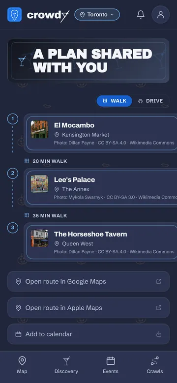 A three-stop Toronto plan on Crowdy: El Mocambo, Lee's Palace, The Horseshoe Tavern, with walking times